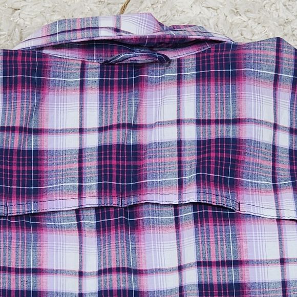 Dakini Plaid Boyfriend Shirt Womens Small Purple Stretch Hidden Pocket Vented - Picture 7 of 9